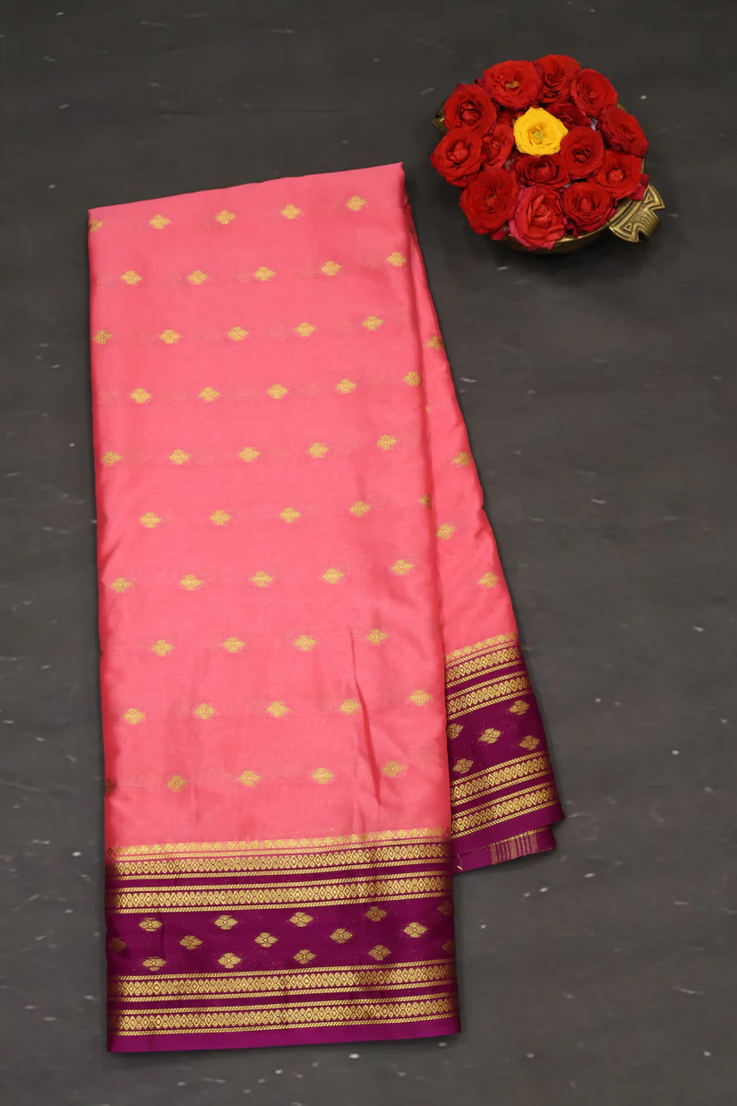 Semi Mysore Silk Saree Pink Wine Floral